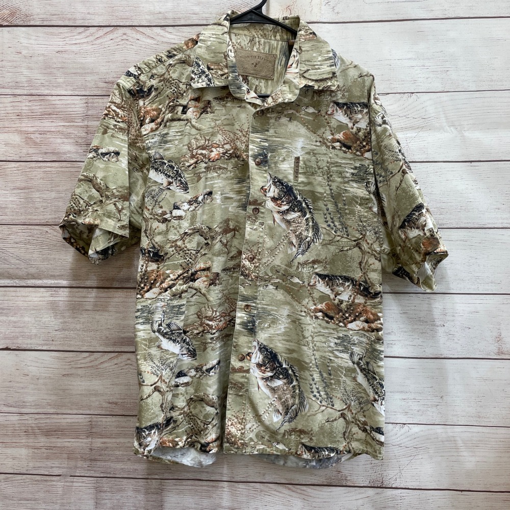 EXCELLENT‎ CONDITION VINTAGE NORTH RIVER SHIRT IN ALLOVER FISHING PRINT